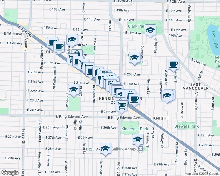 map of restaurants, bars, coffee shops, grocery stores, and more near in Vancouver