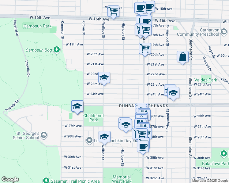 map of restaurants, bars, coffee shops, grocery stores, and more near 3841 West 24th Avenue in Vancouver