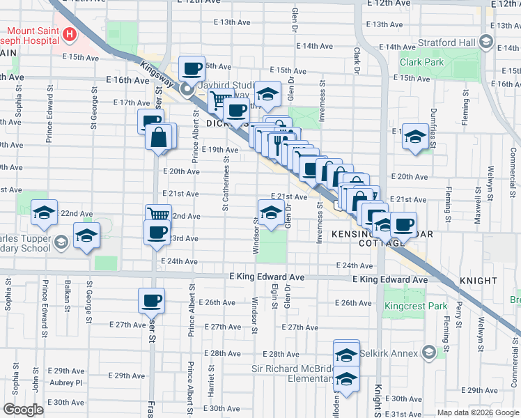 map of restaurants, bars, coffee shops, grocery stores, and more near 3730 Windsor Street in Vancouver