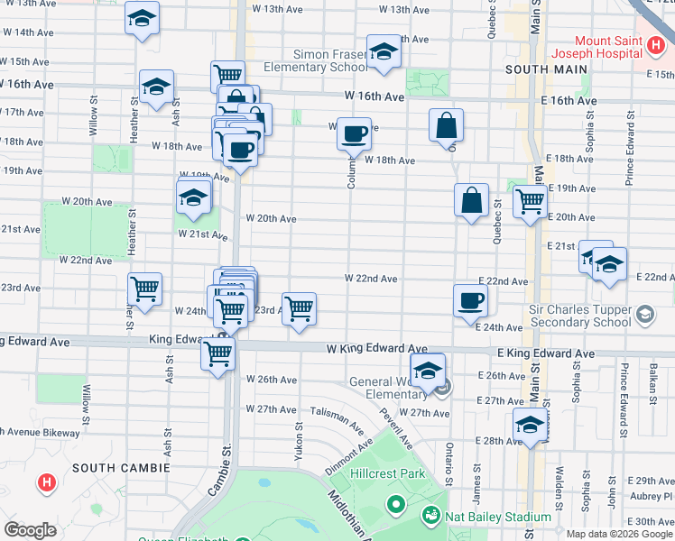 map of restaurants, bars, coffee shops, grocery stores, and more near 229 West 22nd Avenue in Vancouver