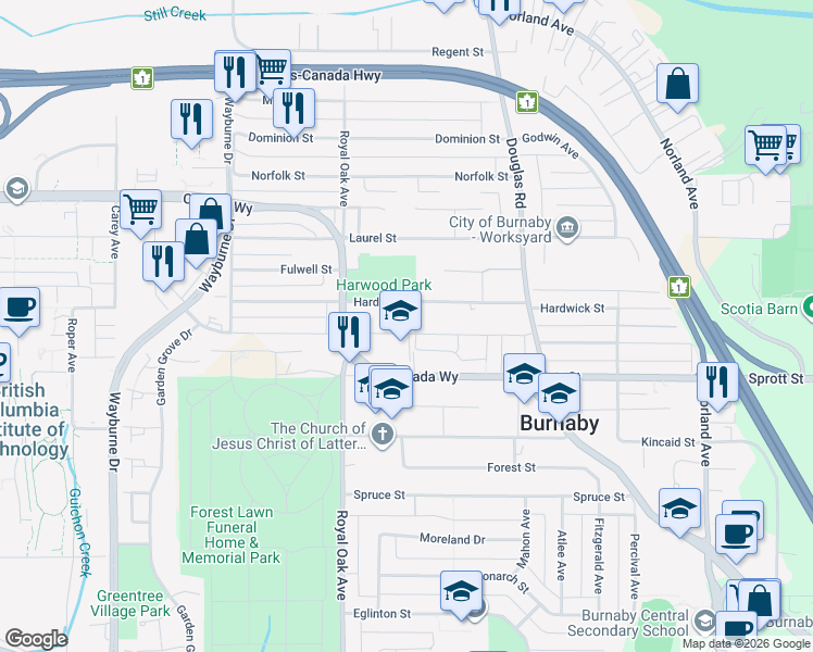 map of restaurants, bars, coffee shops, grocery stores, and more near 5399 Woodsworth Street in Burnaby