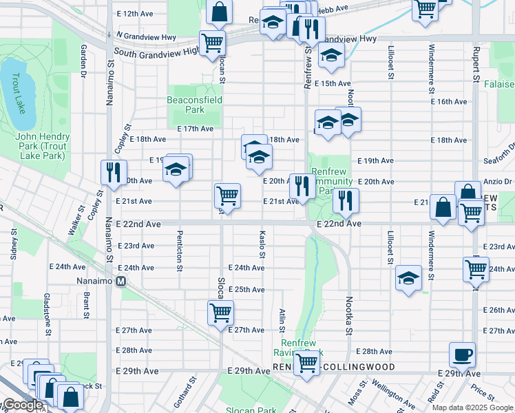 map of restaurants, bars, coffee shops, grocery stores, and more near in Vancouver