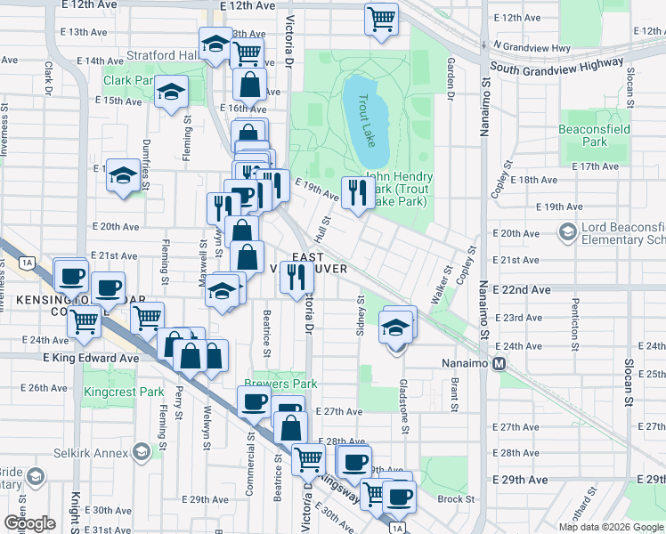 map of restaurants, bars, coffee shops, grocery stores, and more near in Vancouver