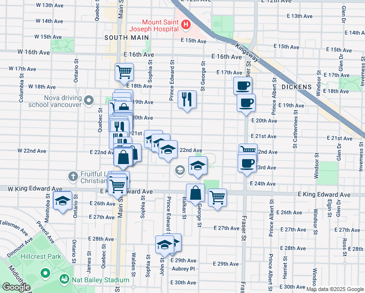 map of restaurants, bars, coffee shops, grocery stores, and more near 439 East 22nd Avenue in Vancouver