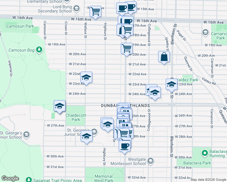 map of restaurants, bars, coffee shops, grocery stores, and more near 3711 West 24th Avenue in Vancouver