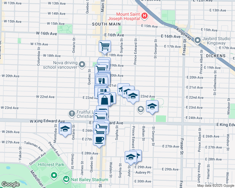 map of restaurants, bars, coffee shops, grocery stores, and more near 277 East 22nd Avenue in Vancouver