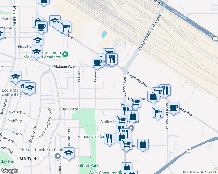 map of restaurants, bars, coffee shops, grocery stores, and more near 1723 Warwick Avenue in Port Coquitlam