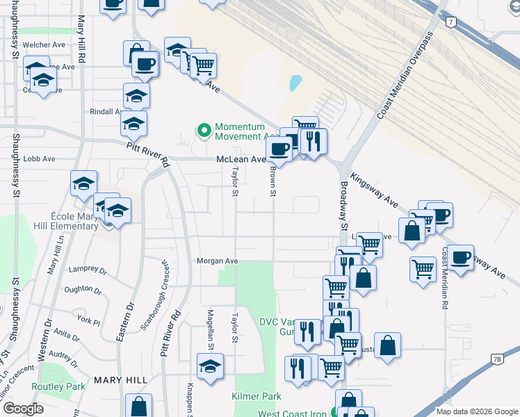 map of restaurants, bars, coffee shops, grocery stores, and more near 1857 Warwick Avenue in Port Coquitlam