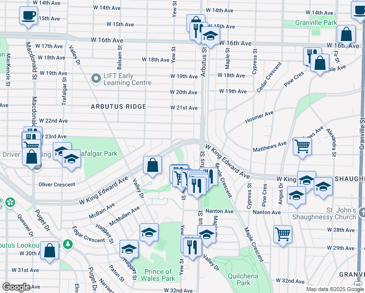 map of restaurants, bars, coffee shops, grocery stores, and more near 3901 Parkway Drive in Vancouver