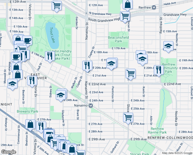 map of restaurants, bars, coffee shops, grocery stores, and more near 2474 East 21st Avenue in Vancouver