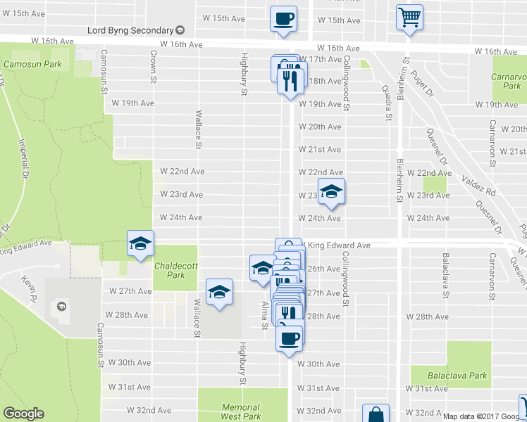 map of restaurants, bars, coffee shops, grocery stores, and more near 3711 West 24th Avenue in Vancouver