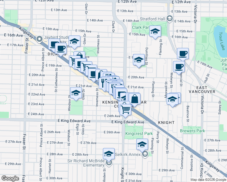 map of restaurants, bars, coffee shops, grocery stores, and more near 3780 Clark Drive in Vancouver
