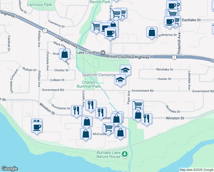 map of restaurants, bars, coffee shops, grocery stores, and more near 7765 Government Road in Burnaby