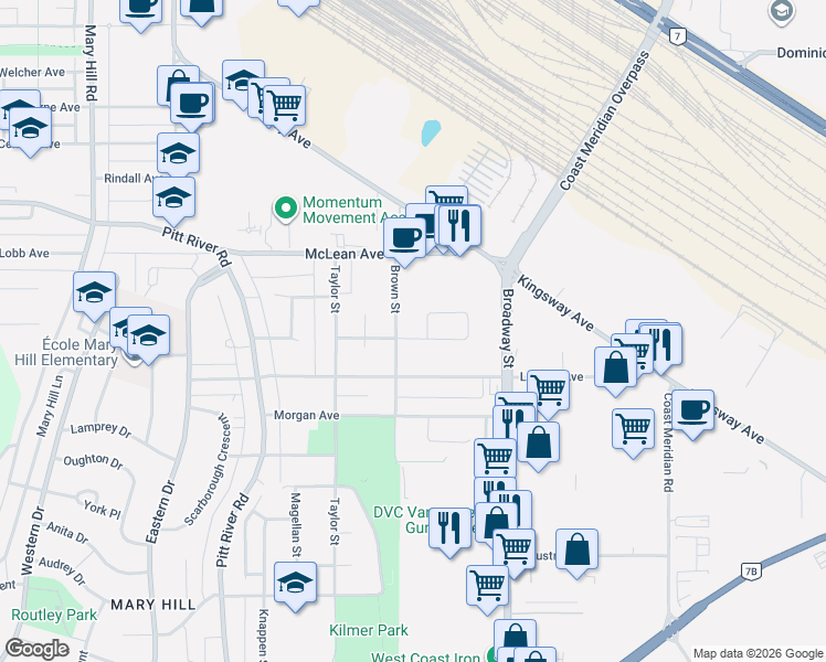 map of restaurants, bars, coffee shops, grocery stores, and more near 1759 Warwick Avenue in Port Coquitlam