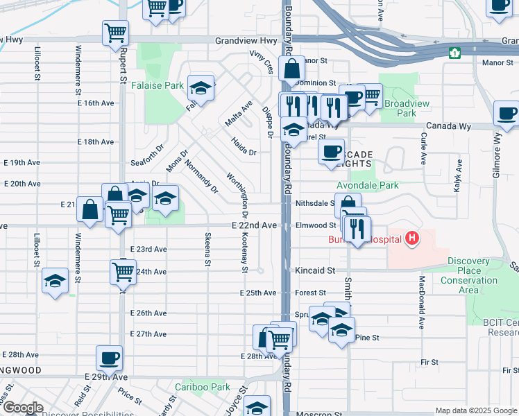 map of restaurants, bars, coffee shops, grocery stores, and more near 444 Kootenay Street in Vancouver
