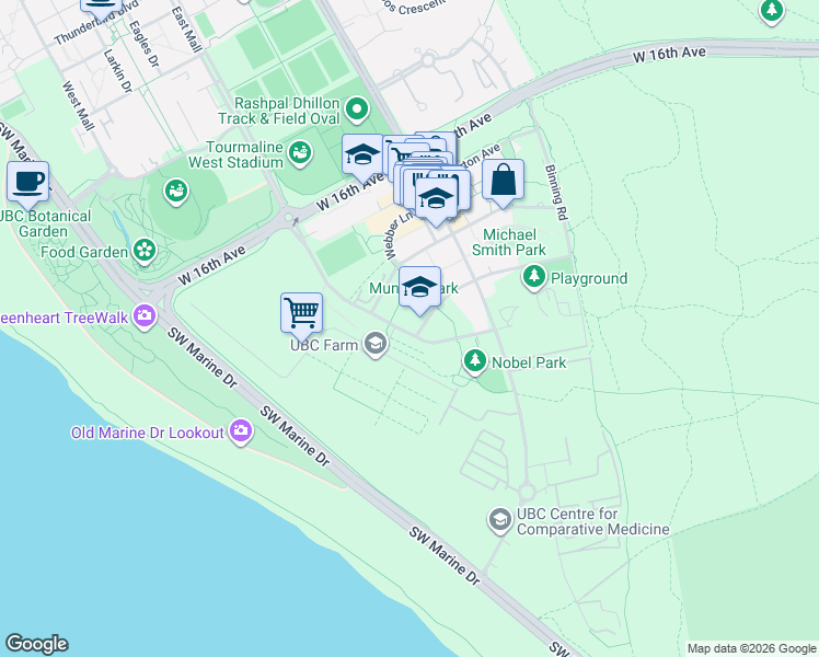 map of restaurants, bars, coffee shops, grocery stores, and more near 6033 Gray Avenue in University Endowment Lands