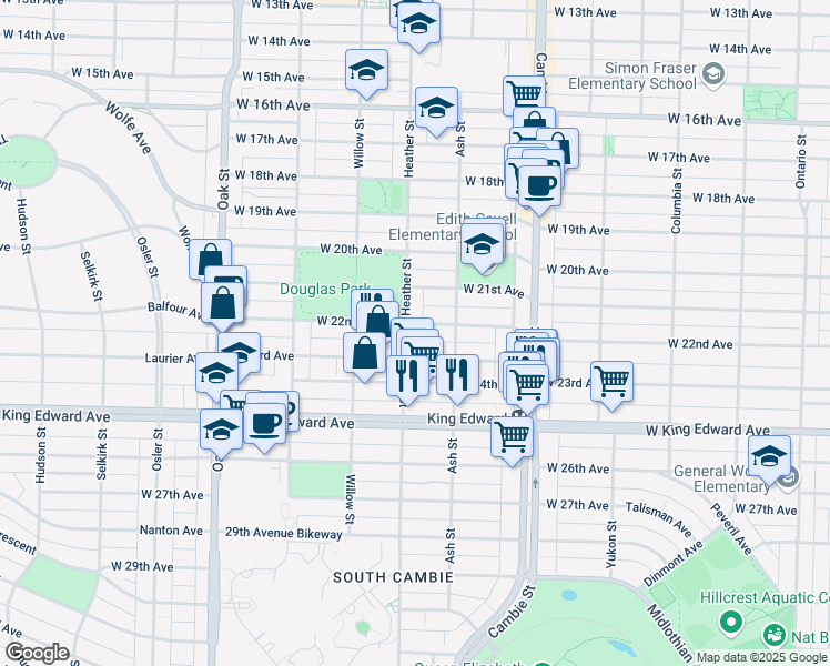 map of restaurants, bars, coffee shops, grocery stores, and more near 3820 Heather Street in Vancouver