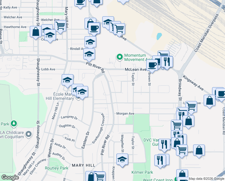 map of restaurants, bars, coffee shops, grocery stores, and more near 1909 Pitt River Road in Port Coquitlam