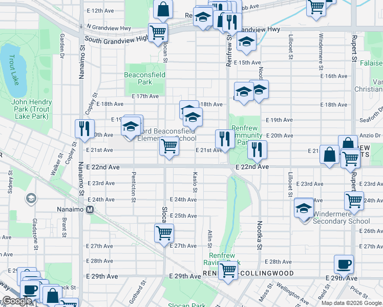 map of restaurants, bars, coffee shops, grocery stores, and more near 2796 East 21st Avenue in Vancouver