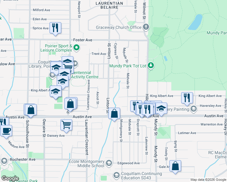 map of restaurants, bars, coffee shops, grocery stores, and more near 1930 Jasper Court in Coquitlam