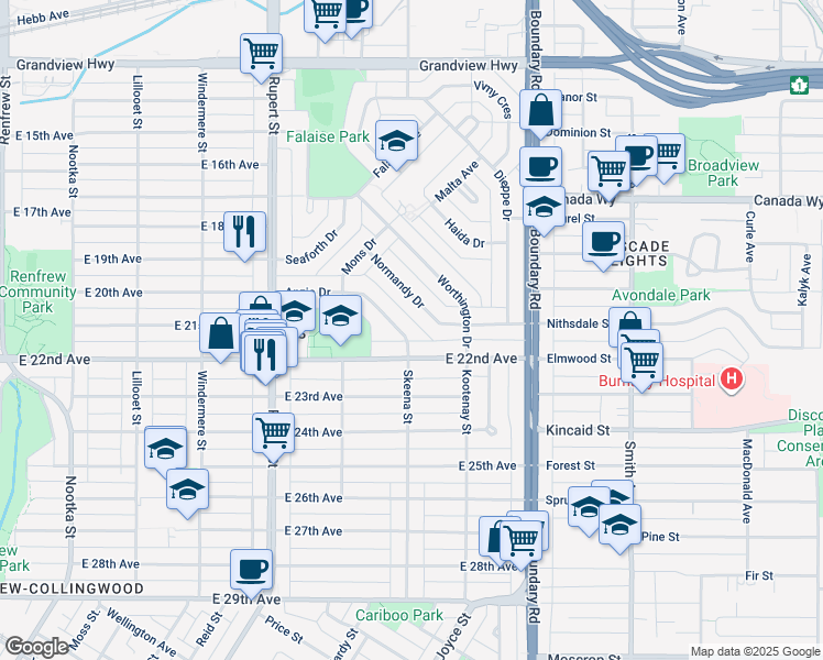 map of restaurants, bars, coffee shops, grocery stores, and more near 3569 Anzio Drive in Vancouver