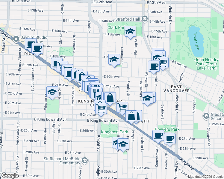 map of restaurants, bars, coffee shops, grocery stores, and more near 3740 Lanark Street in Vancouver
