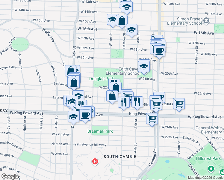 map of restaurants, bars, coffee shops, grocery stores, and more near 782 West 22nd Avenue in Vancouver
