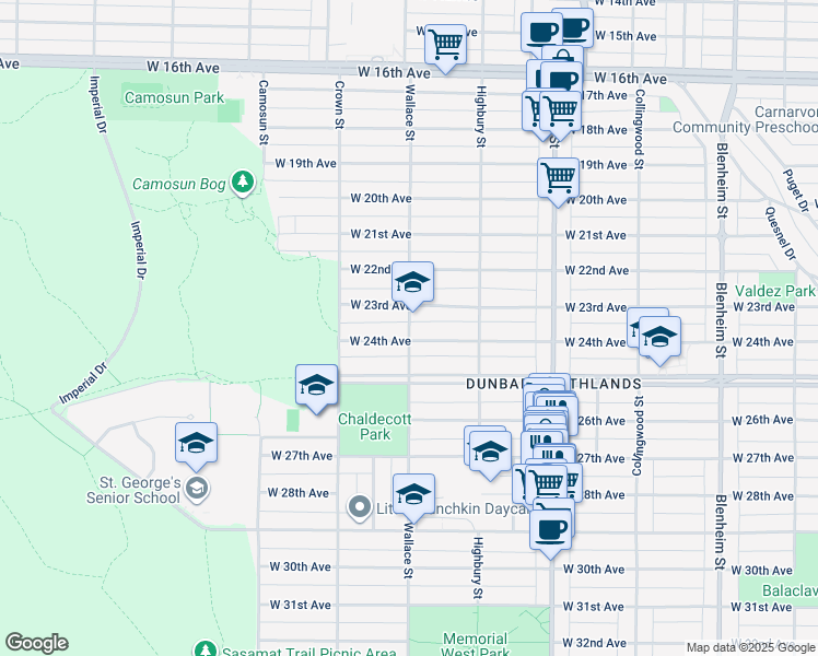 map of restaurants, bars, coffee shops, grocery stores, and more near 3925 Wallace Street in Vancouver