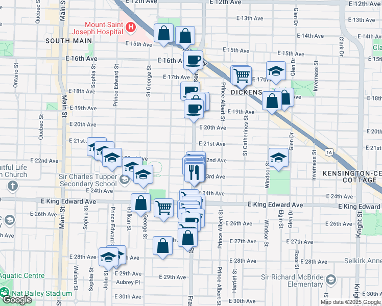 map of restaurants, bars, coffee shops, grocery stores, and more near 3769 Fraser Street in Vancouver