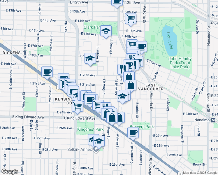 map of restaurants, bars, coffee shops, grocery stores, and more near 1632 East 21st Avenue in Vancouver