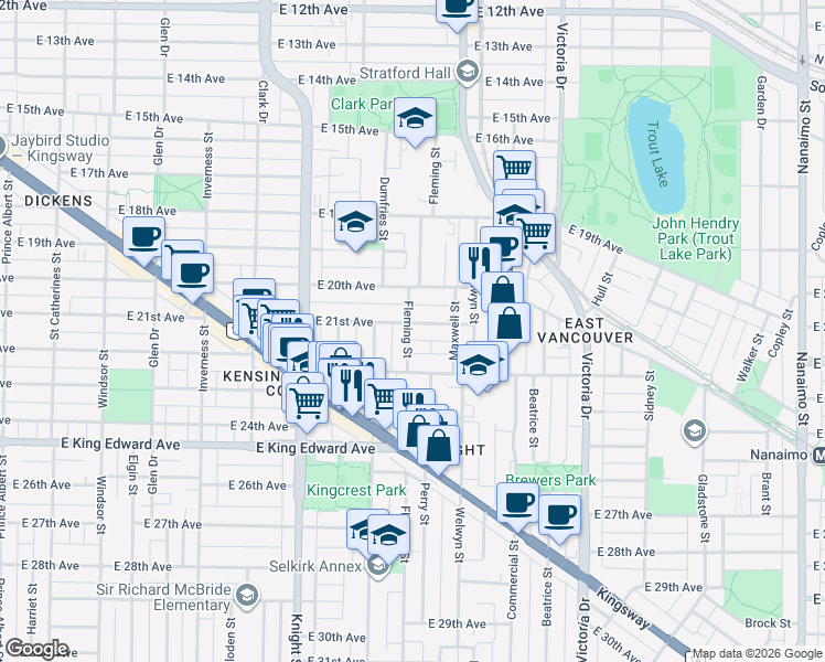map of restaurants, bars, coffee shops, grocery stores, and more near 3670 Fleming Street in Vancouver