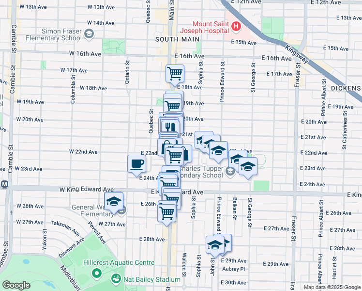 map of restaurants, bars, coffee shops, grocery stores, and more near 229 East 22nd Avenue in Vancouver