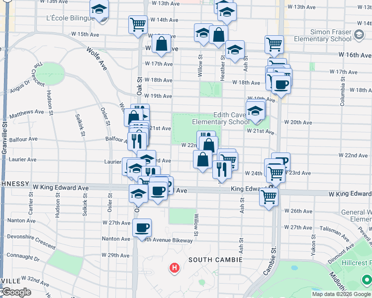 map of restaurants, bars, coffee shops, grocery stores, and more near 840 West 22nd Avenue in Vancouver