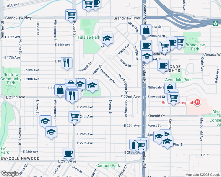 map of restaurants, bars, coffee shops, grocery stores, and more near 3549 Anzio Drive in Vancouver