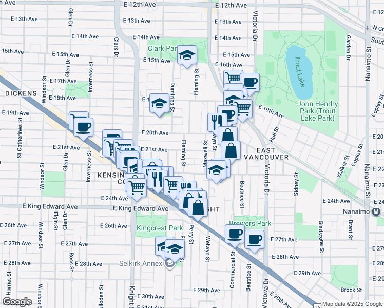 map of restaurants, bars, coffee shops, grocery stores, and more near 1630 East 21st Avenue in Vancouver
