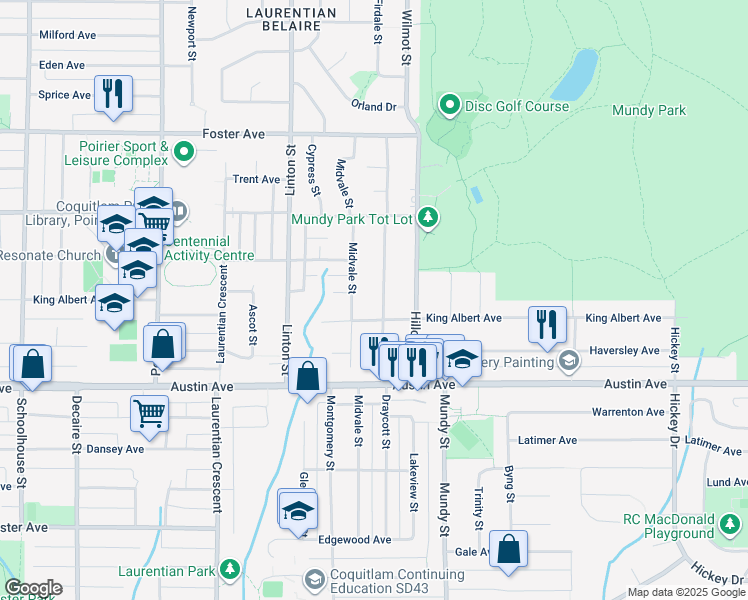 map of restaurants, bars, coffee shops, grocery stores, and more near 558 Draycott Street in Coquitlam