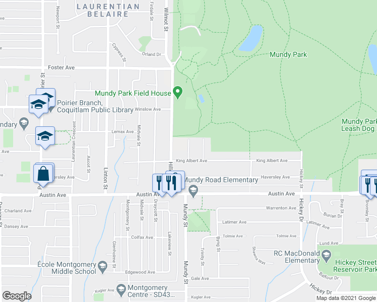 map of restaurants, bars, coffee shops, grocery stores, and more near Carmen Court in Coquitlam