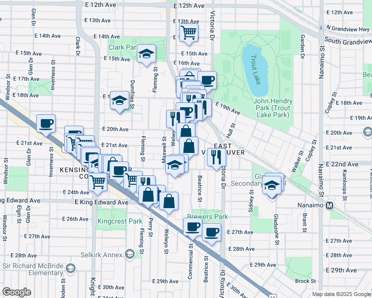 map of restaurants, bars, coffee shops, grocery stores, and more near 3715 Commercial Street in Vancouver
