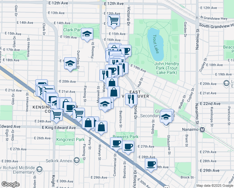 map of restaurants, bars, coffee shops, grocery stores, and more near 3736 Commercial Street in Vancouver