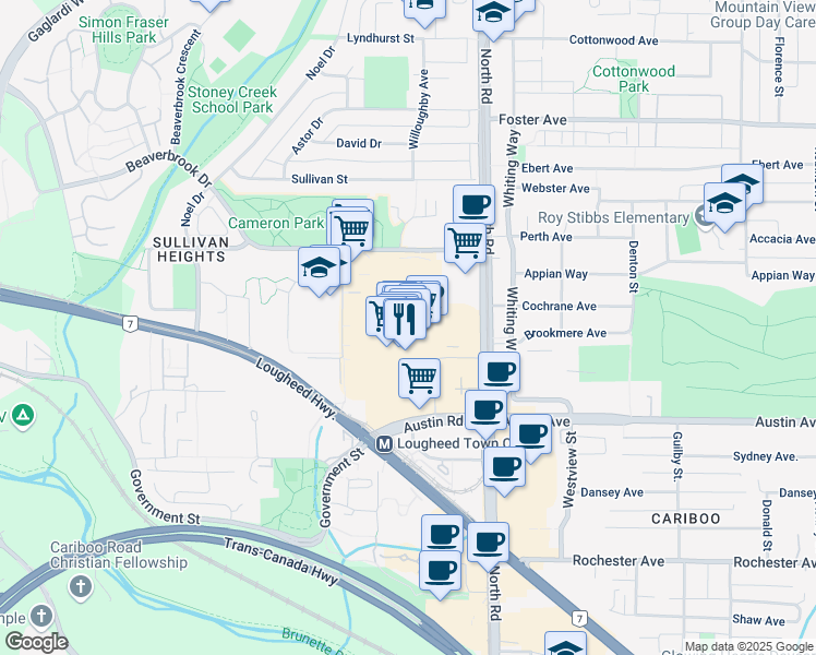 map of restaurants, bars, coffee shops, grocery stores, and more near 9855 Austin Road in Burnaby