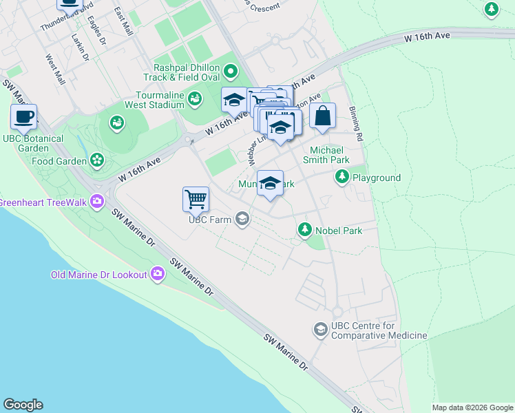 map of restaurants, bars, coffee shops, grocery stores, and more near 3462 Ross Drive in Vancouver