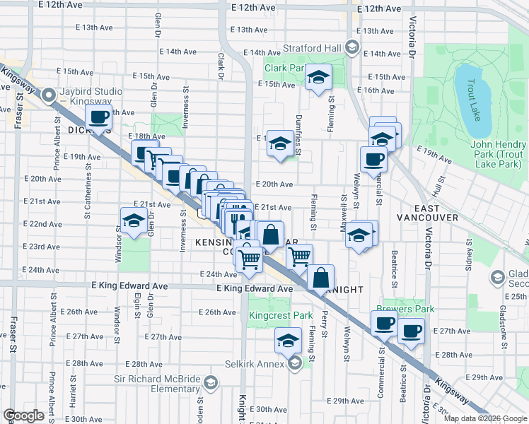 map of restaurants, bars, coffee shops, grocery stores, and more near 3725 Lanark Street in Vancouver