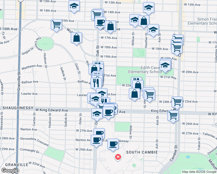 map of restaurants, bars, coffee shops, grocery stores, and more near 936 West 22nd Avenue in Vancouver