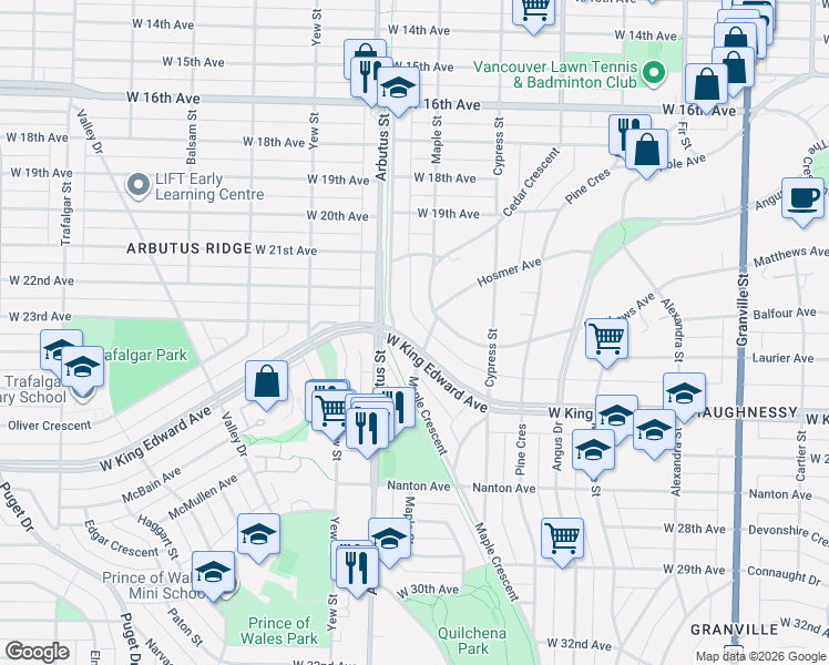 map of restaurants, bars, coffee shops, grocery stores, and more near 2051 West King Edward Avenue in Vancouver