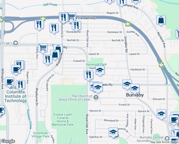 map of restaurants, bars, coffee shops, grocery stores, and more near 4729 Canada Way in Burnaby