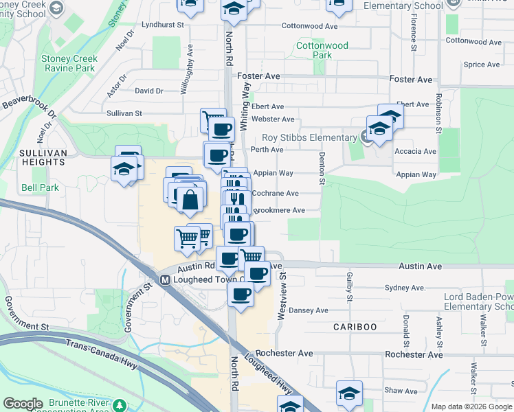 map of restaurants, bars, coffee shops, grocery stores, and more near 532 Brookmere Avenue in Coquitlam