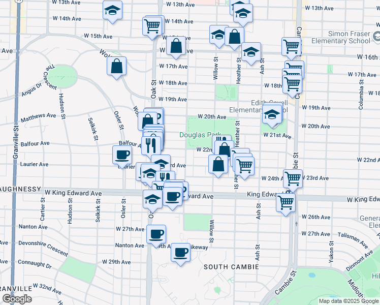 map of restaurants, bars, coffee shops, grocery stores, and more near 888 West 22nd Avenue in Vancouver