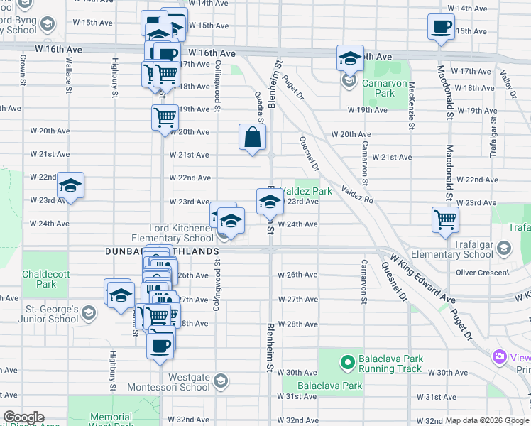 map of restaurants, bars, coffee shops, grocery stores, and more near 3955 Blenheim Street in Vancouver