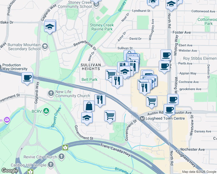 map of restaurants, bars, coffee shops, grocery stores, and more near 9304 Salish Court in Burnaby