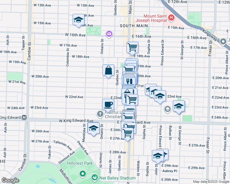 map of restaurants, bars, coffee shops, grocery stores, and more near 3745 Quebec Street in Vancouver